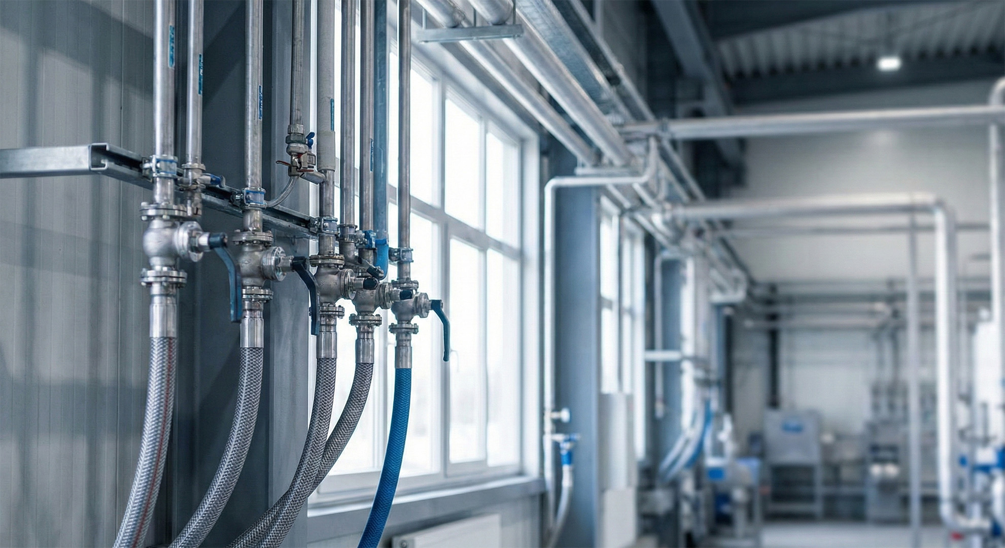 Hintergrund docustry Hero Section - Industriehalle mit Schlauchleitungen
